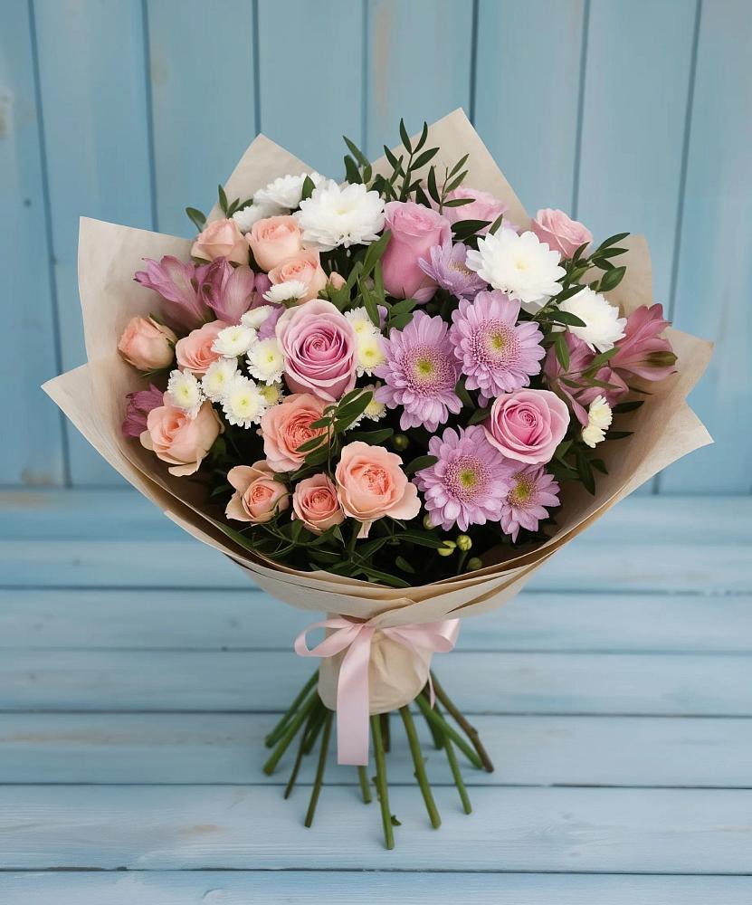 Букет цветов из: Хризантемы, Розы и Альстромерии в Большая Вруда