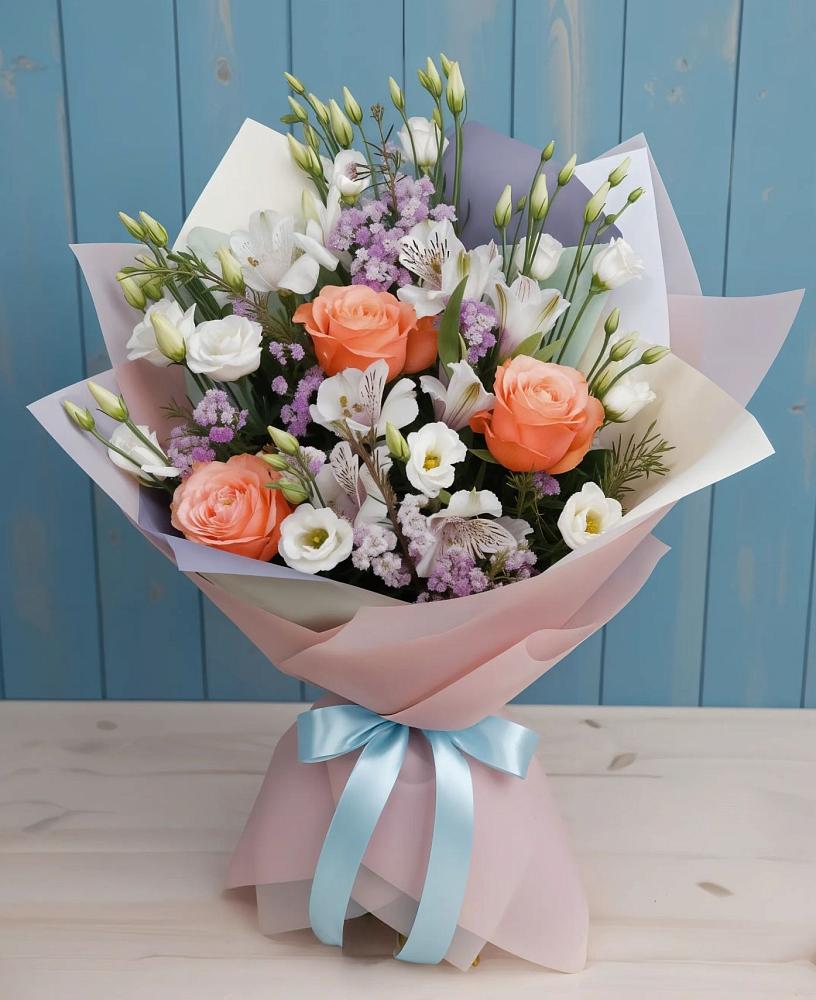 Букет цветов из: Лизиантусы, Розы, Альстромерии и Гипсофила в Большая Вруда