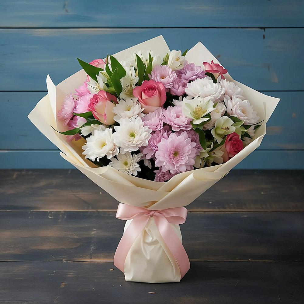 Букет цветов из: Хризантемы, Альстромерии и Розы в Большая Вруда